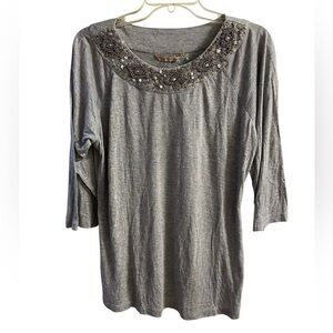 Soft surroundings beaded crewneck pull over 3/4 sleeve top grey XL NWOT
